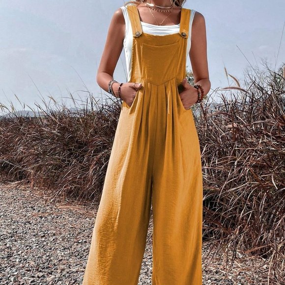 . Pants - Yellow Boho Women's Solid Pocket Overall Jumpsuit